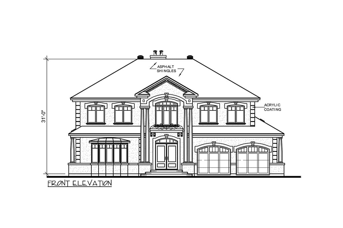Front elevation drawing of a two-story house plan with a prominent central entrance, bay window, and double garage doors.