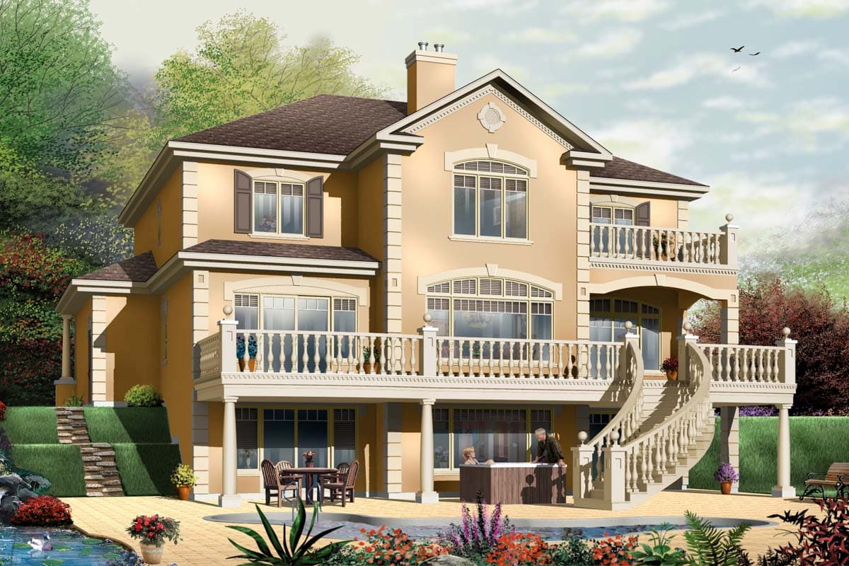 House plan exterior, two stories, stucco finish, multiple balconies, and a prominent curved staircase leading to the upper level.