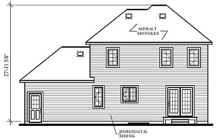 House plan rear elevation drawing showing two stories, asphalt shingles, horizontal siding, a single door, and french doors.
