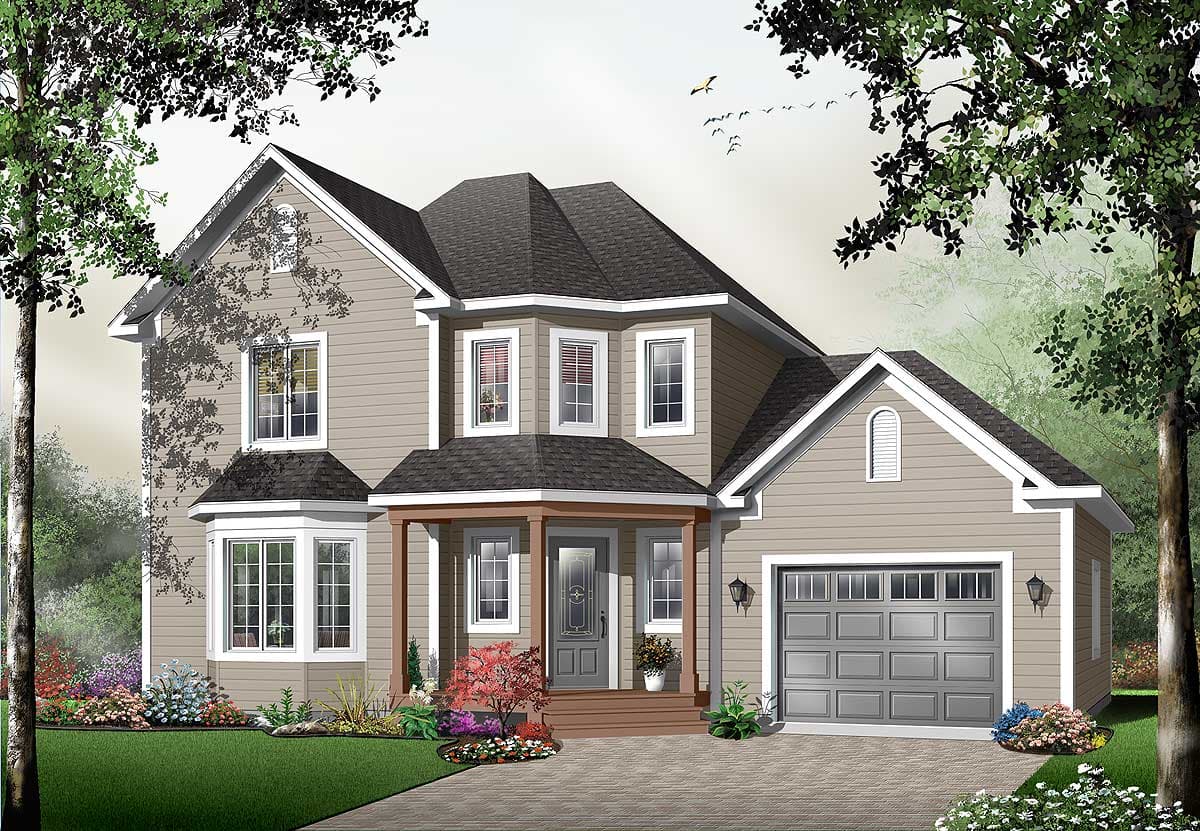 House plan exterior: Two-story home with a covered porch, bay windows, multiple gables, and an attached garage.