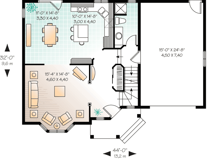 Plan 21469DR: Traditional Home Plan with 3 Upstairs Beds and Laundry - 1656 Sq Ft - Floor Plan - Main Level - Traditional