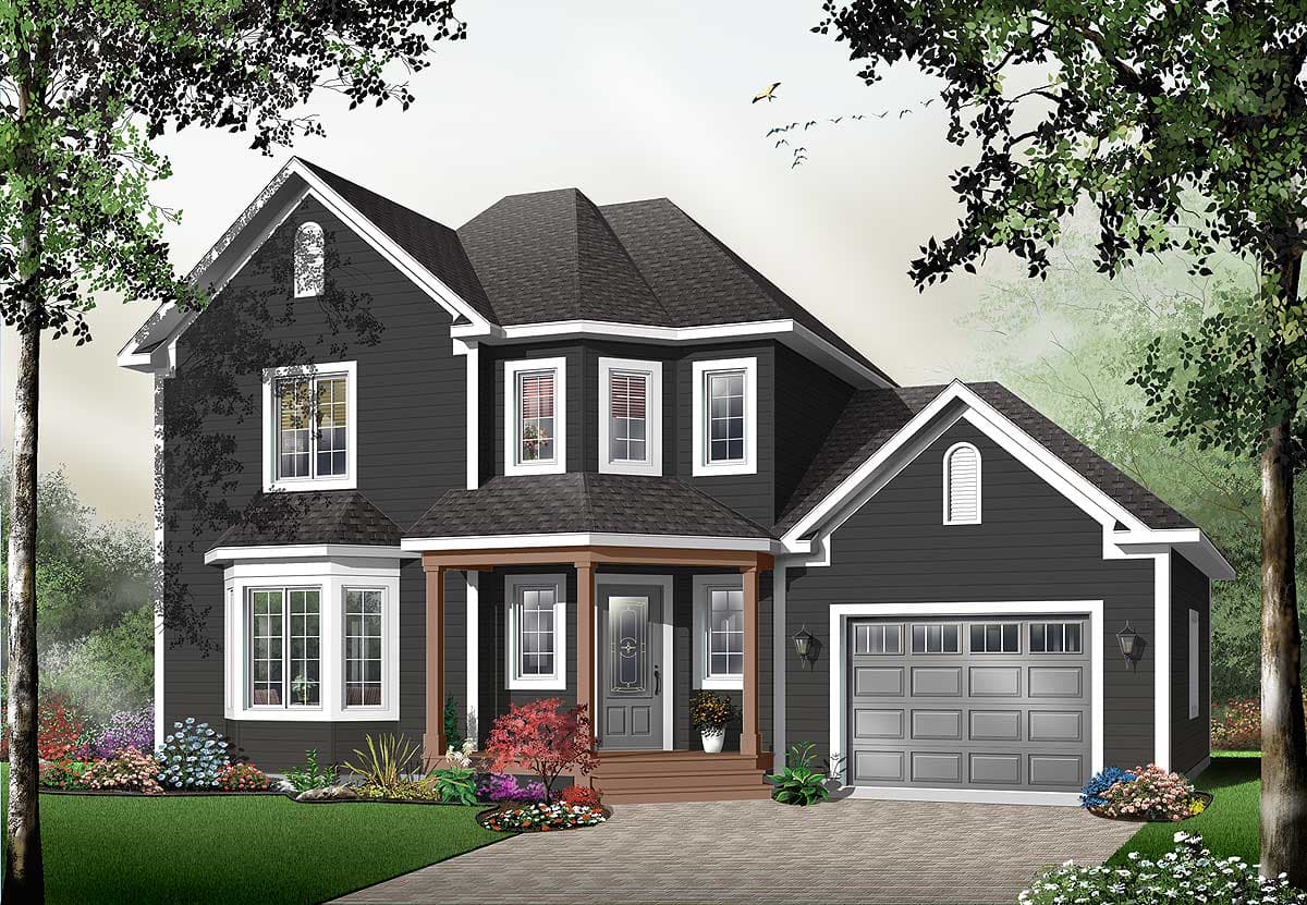 House plan exterior: two-story, dark siding, prominent gables, bay window, covered porch with wood columns, attached garage.
