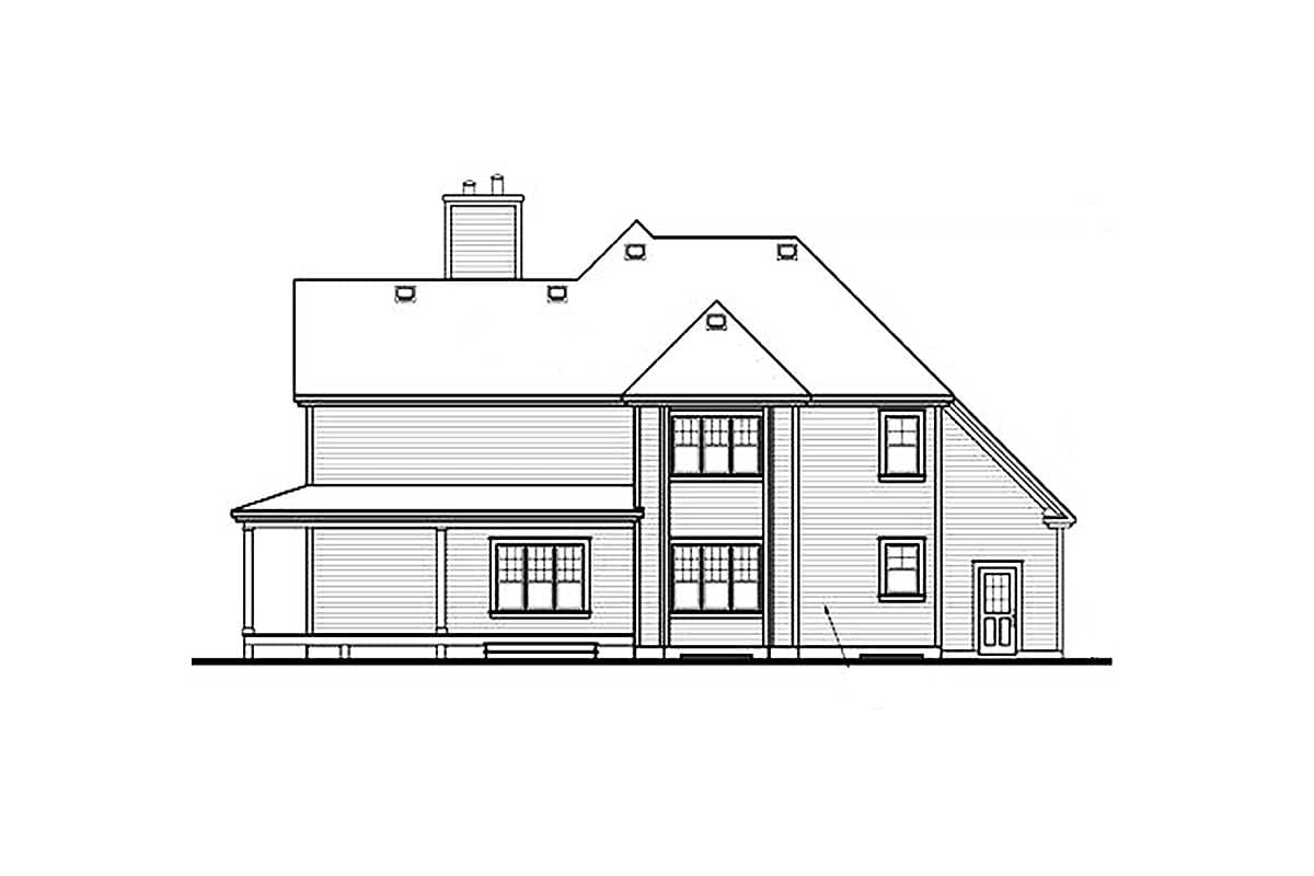 House plan exterior drawing of a two-story home with a side porch, gables, dormers, and a chimney.