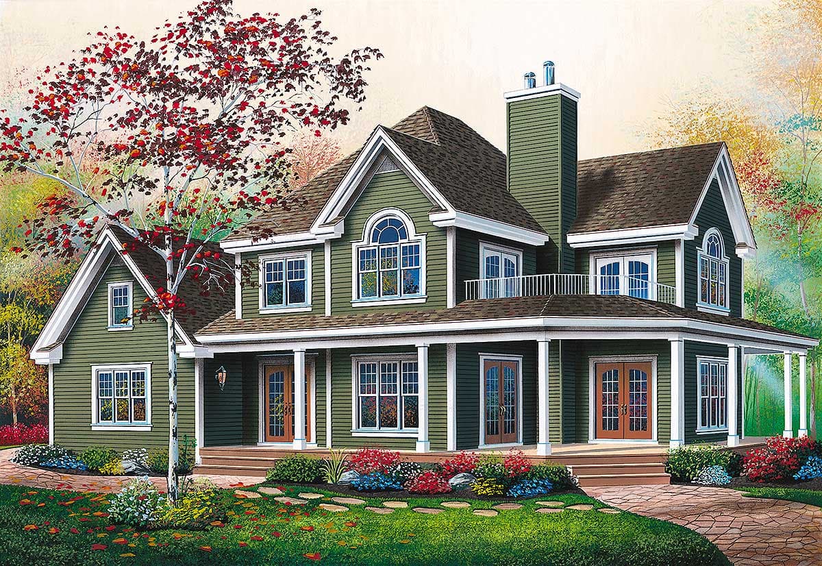 House plan exterior. Two-story Colonial-style home with a wraparound porch, gabled roof, and dormers. Features include a chimney and arched window.