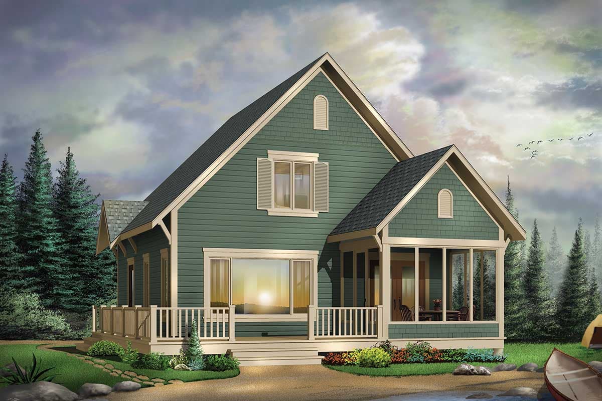 House plan exterior: Two-story Modern Farmhouse with gables, dormers, wrap-around porch, and screened-in porch.