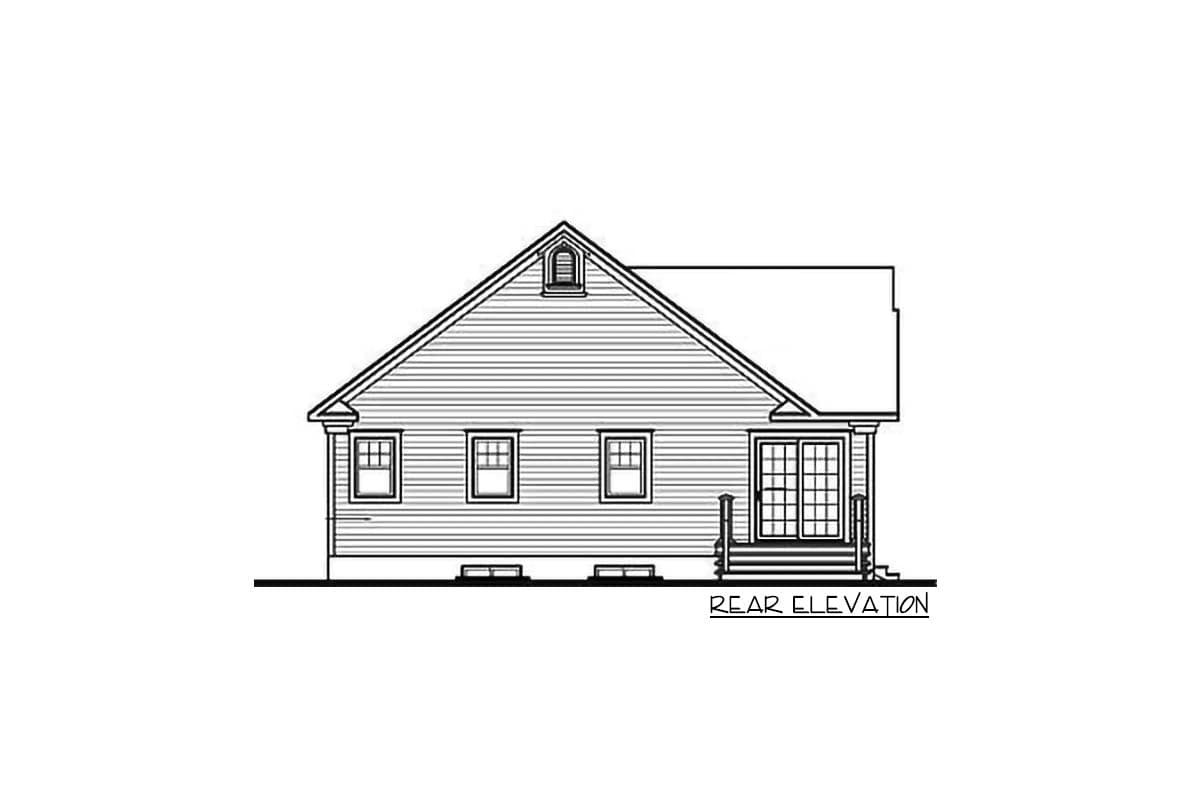 Rear elevation of a house plan featuring a gable roof, a dormer, three windows, and double doors with a small porch.