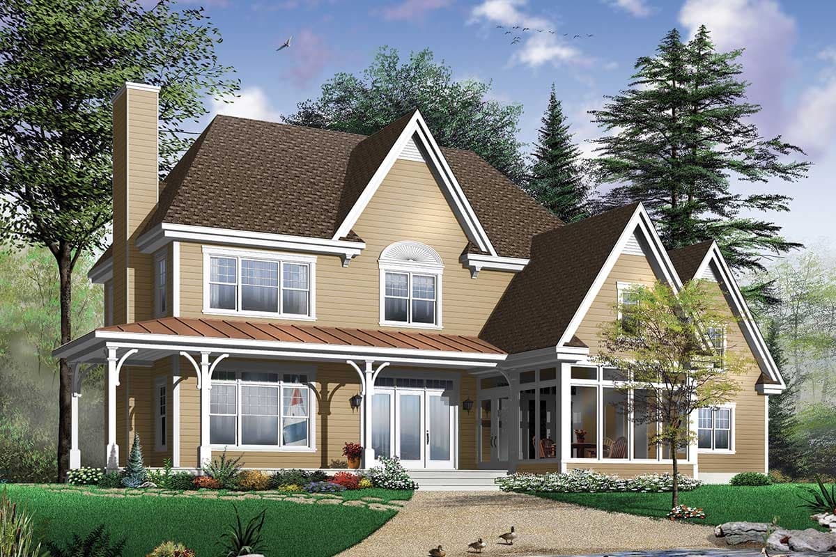 House plan exterior with two stories, a wrap-around porch, gabled rooflines, and multiple dormers in a traditional style.