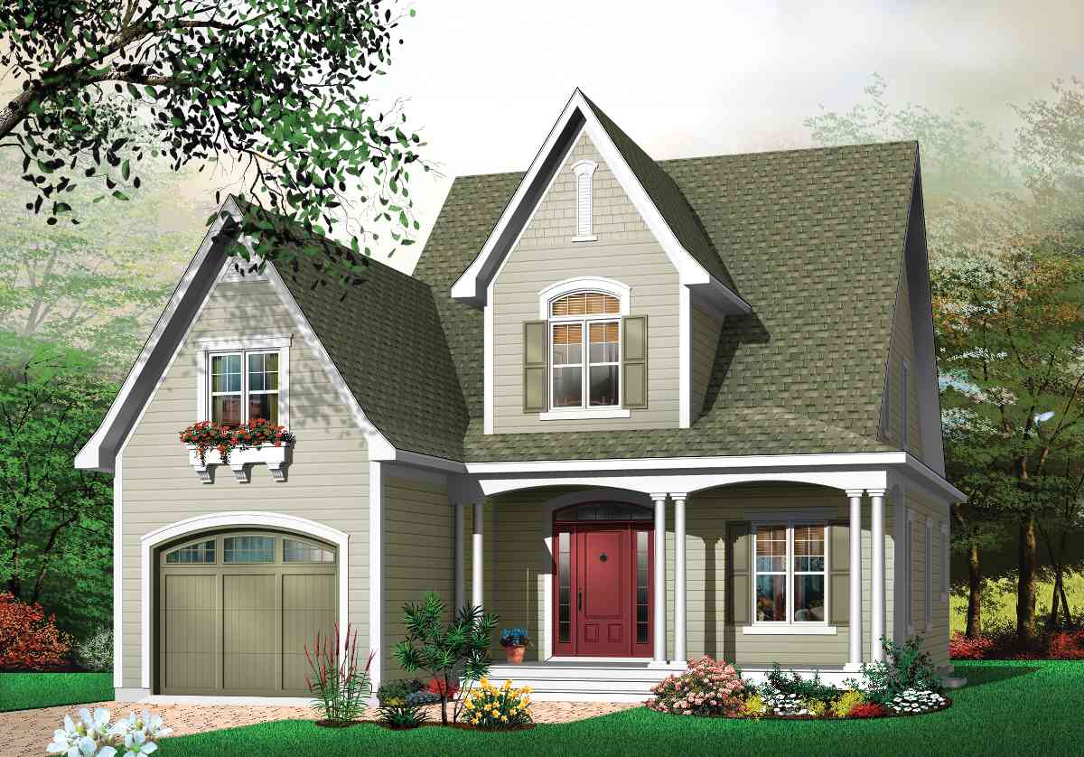House plan exterior: Two-story home with peaked gables, dormer, arched garage door, and covered porch with columns.