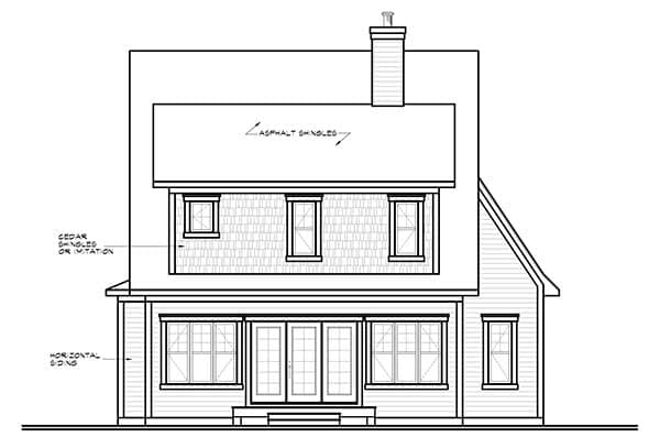 House plan elevation, rear view. Two stories, asphalt shingled roof, cedar shingles above horizontal siding. Features a chimney and french doors.