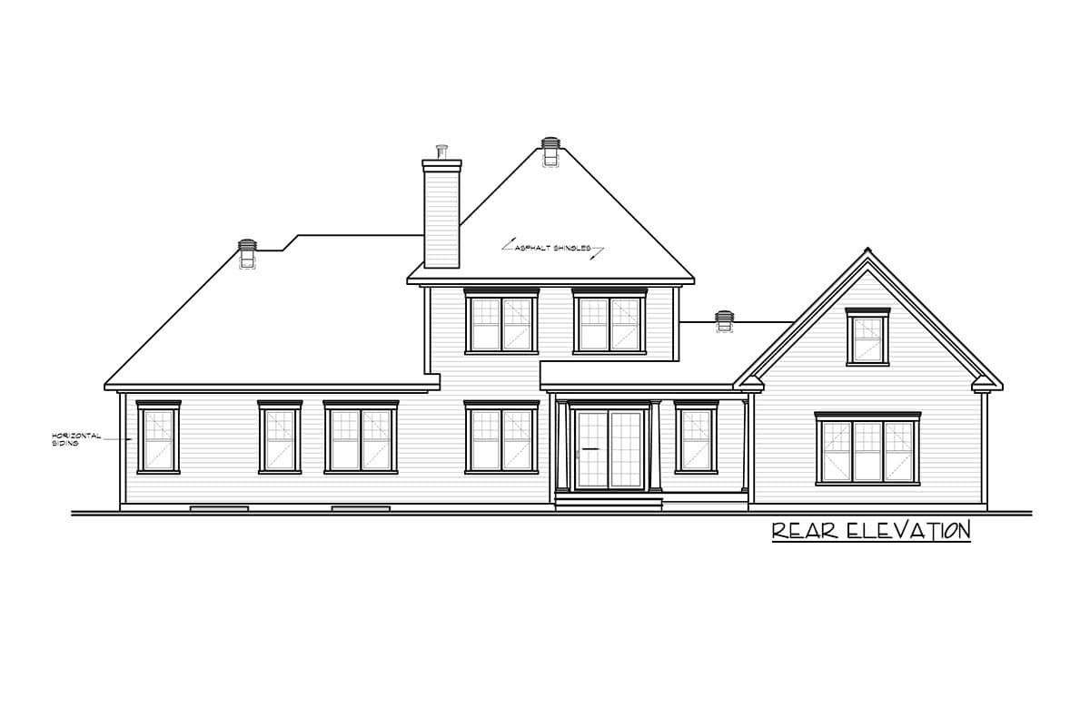 Rear elevation house plan drawing showing horizontal siding, multiple windows, a central sliding door, and a prominent chimney.