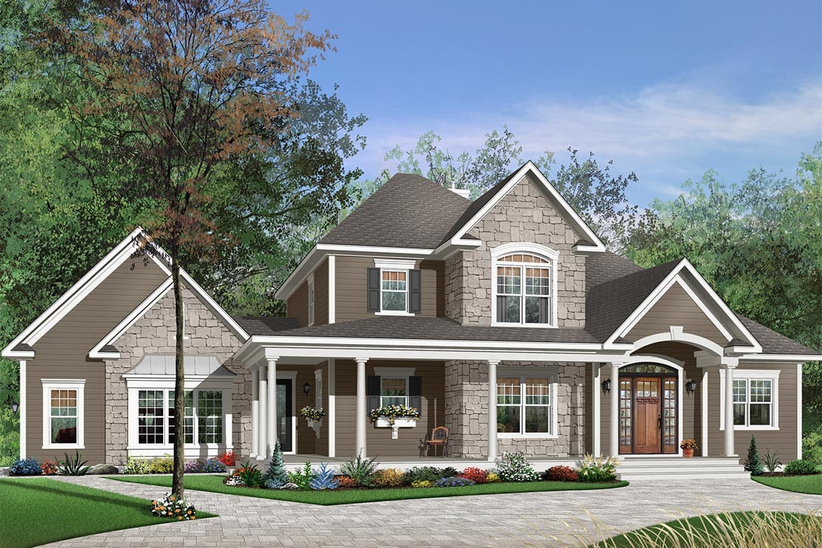 House plan exterior: Two-story home with stone accents, wraparound porch, multiple gables, and arched entry.
