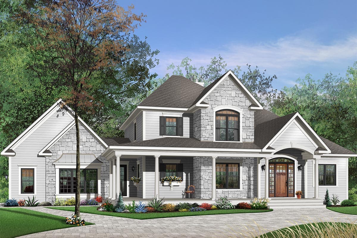 House plan exterior of a two-story home with stone accents, a covered porch with columns, gables, and arched window.
