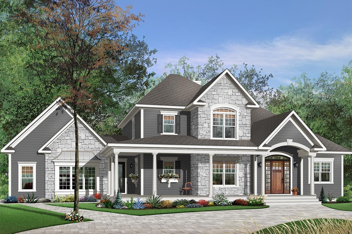 House plan exterior. Two-story home with front porch, stone accents, gabled roof, and multiple dormers. Features a multi-pane front door.