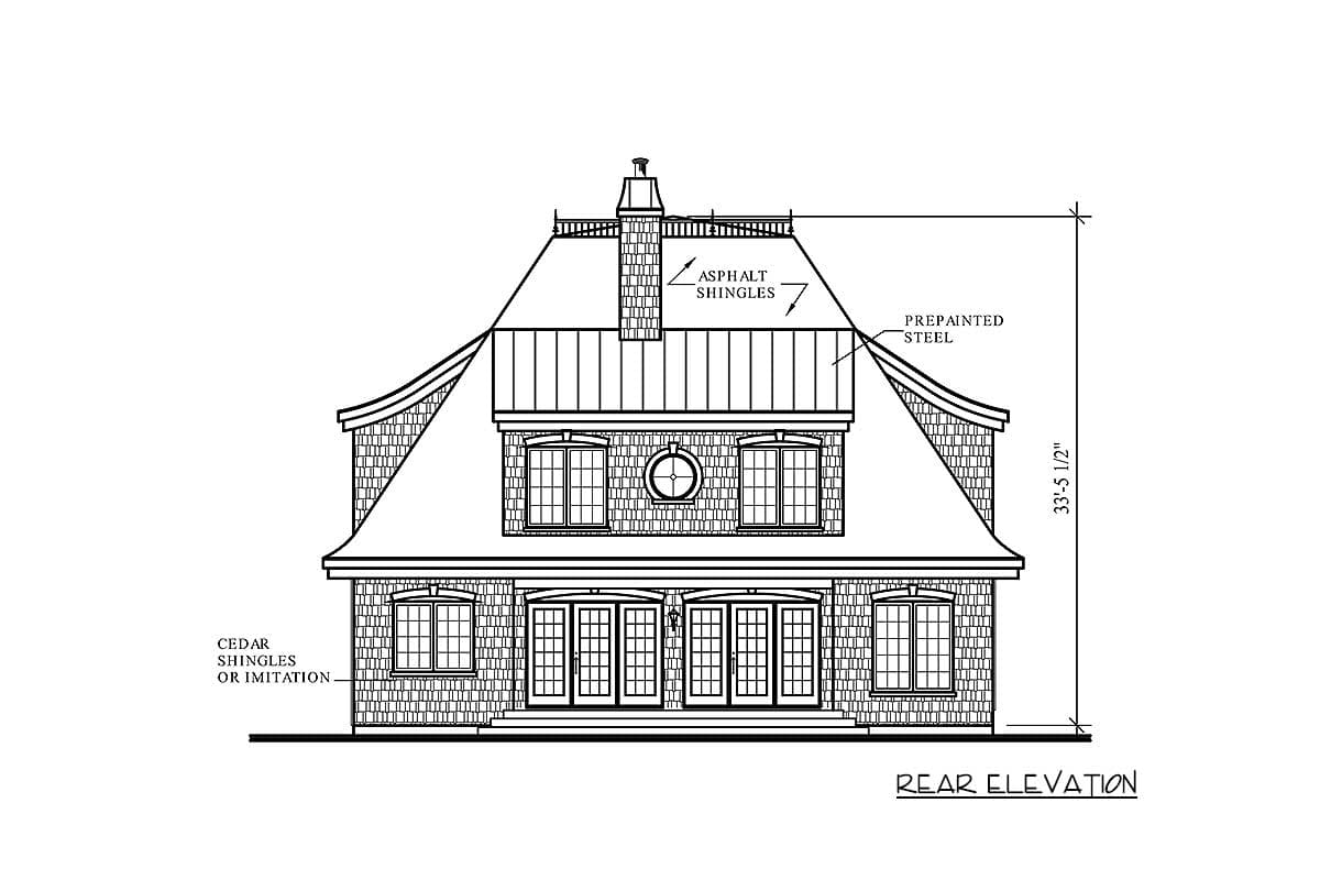Rear elevation drawing of a two-story house with mansard roof, dormers, and double French doors.