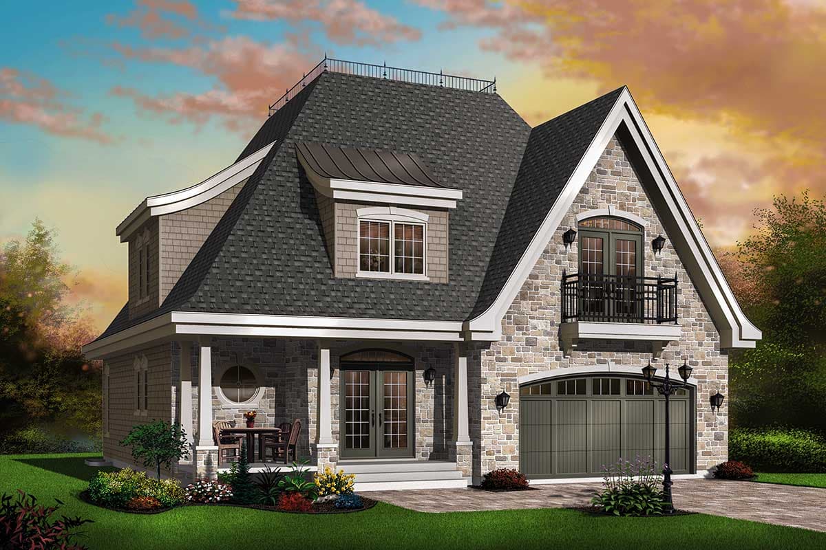 House plan exterior with stone facade, dormer, balcony, covered porch with round window, and attached garage.