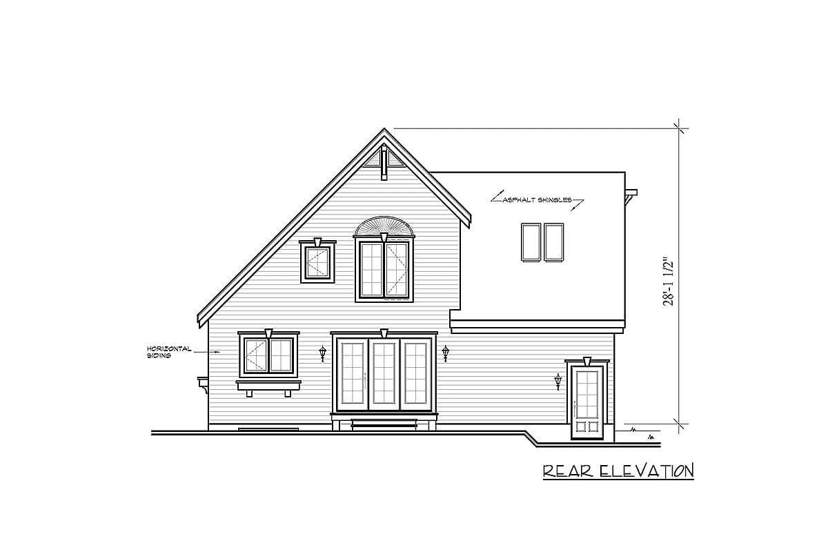Rear elevation house plan. Features asphalt shingles, horizontal siding, dormer windows, and a triple door.