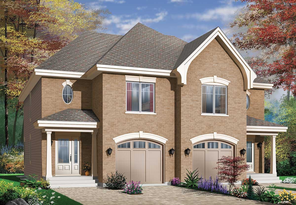 House plan exterior with brick facade, two-story structure, gable rooflines, double garage doors, and covered porches.