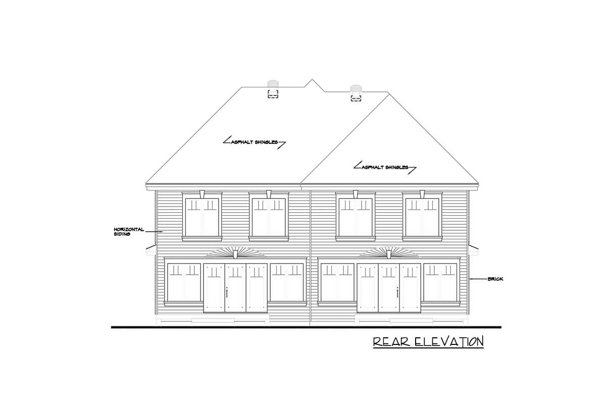 Rear elevation of a two-story house plan with horizontal siding, double-hung windows, and French doors.