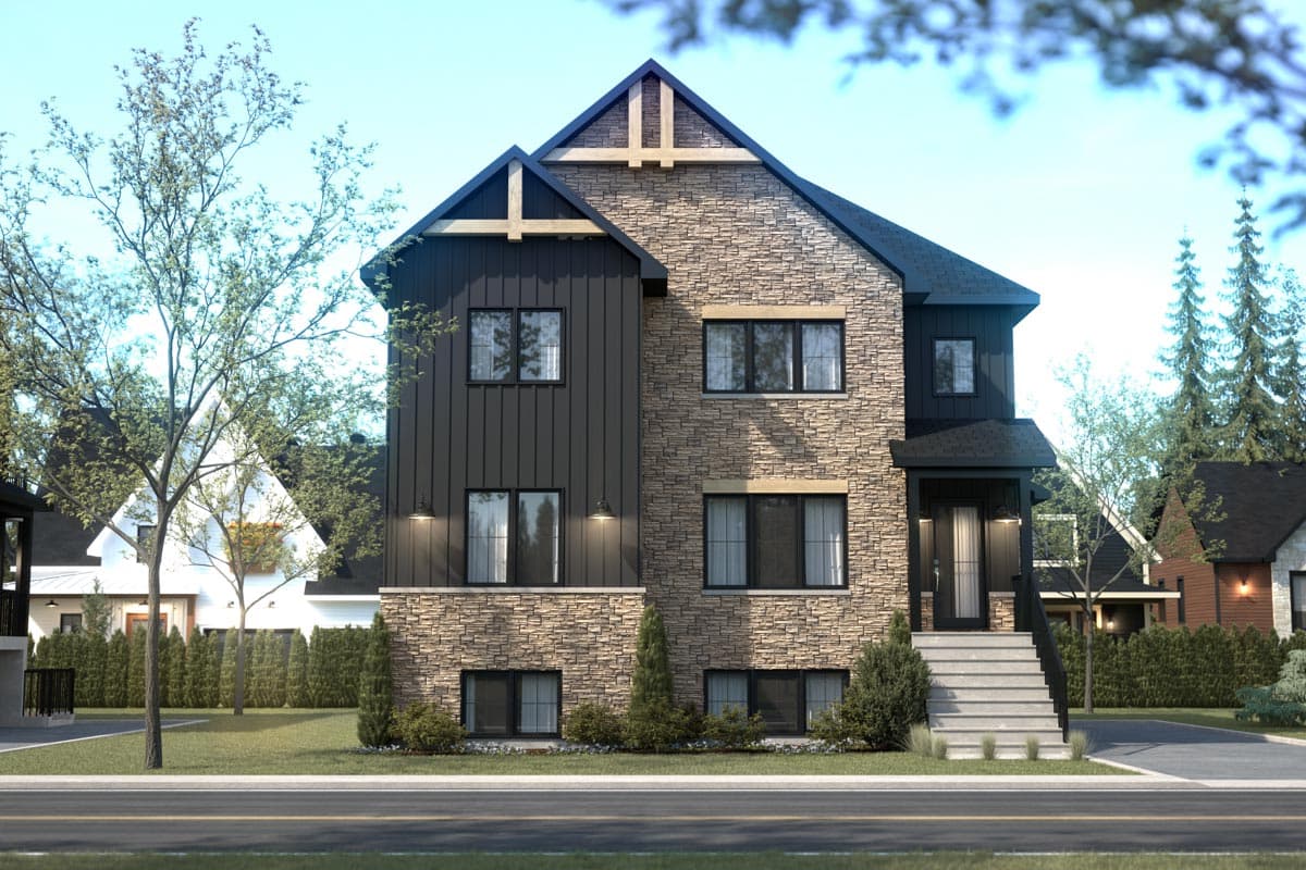 Modern house plan exterior with stone and vertical siding, prominent gables, and a covered entry.