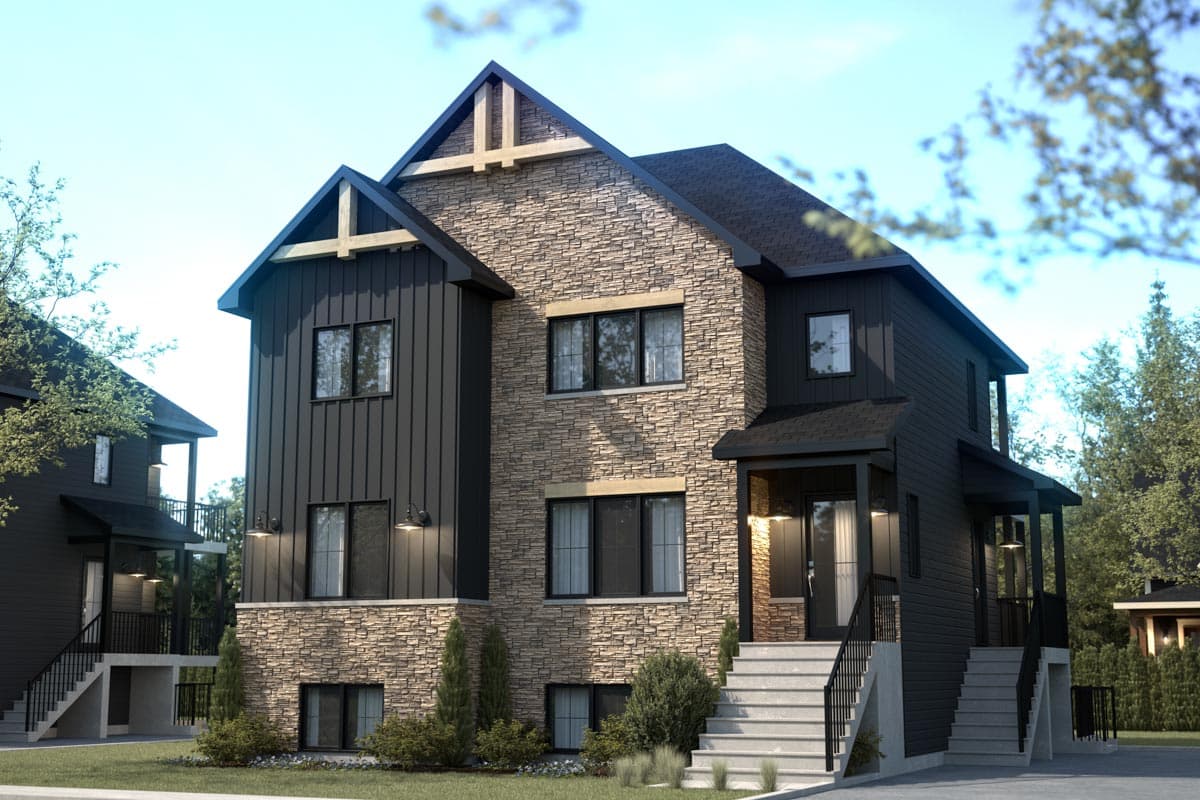 Three-story house plan exterior with stone and vertical siding, prominent gables with wood accents, and covered entryways.