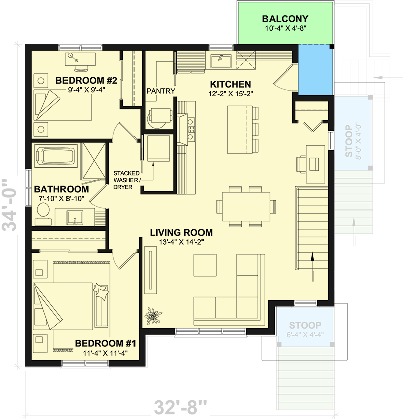 Plan 21487DR: Triplex with 3 Full-Floor 2 Bed Units - Architectural Designs - Floor Plan - Second Level - Unit B - Traditional