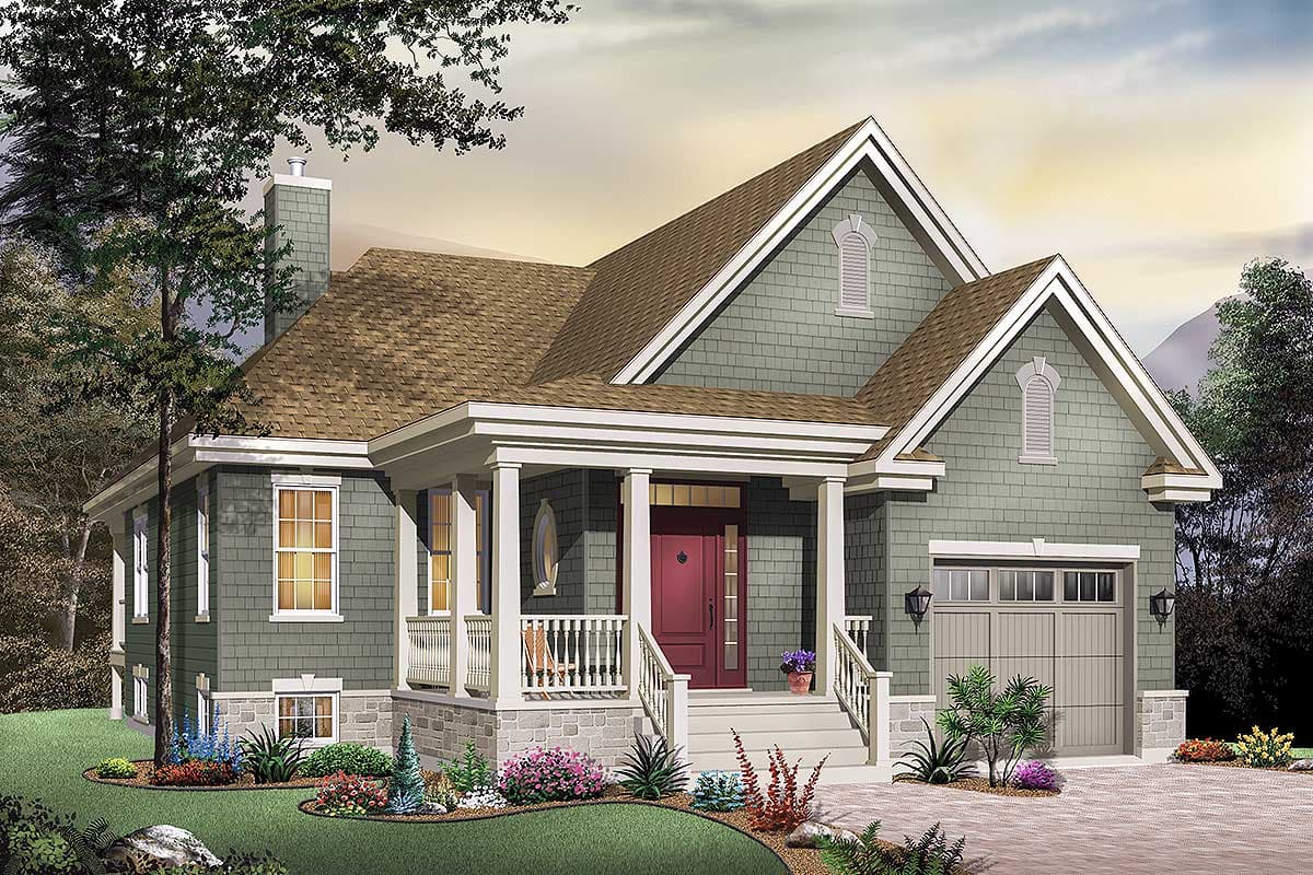 House plan exterior: Craftsman style, two stories, with a covered front porch, gables, dormers, and a side-facing garage.