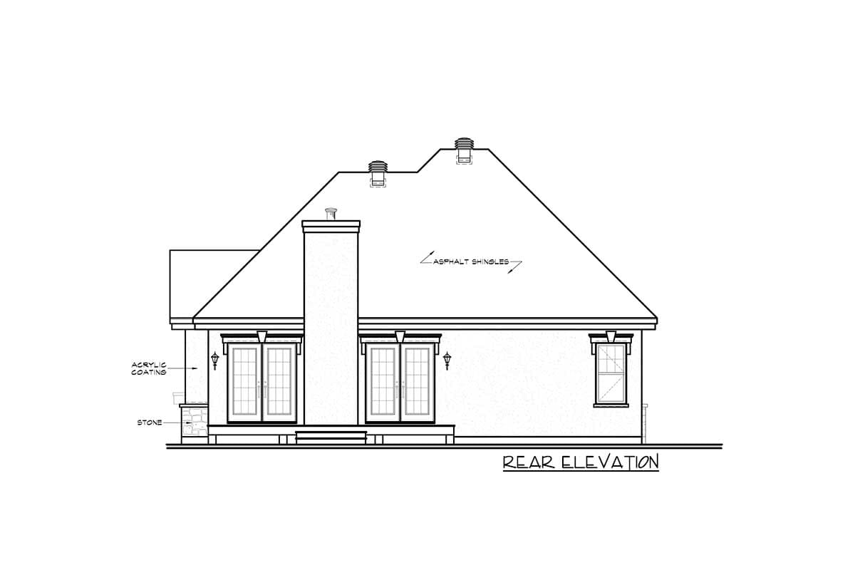 Rear elevation drawing of a house plan showing French doors, a chimney, and asphalt shingles.