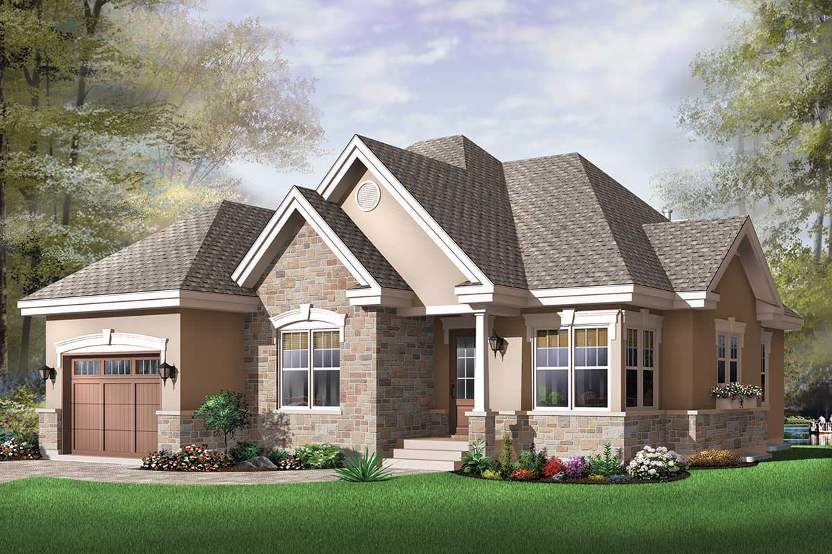 House plan exterior: Single-story home with stone accents, prominent gables, dormer, and side-entry garage.