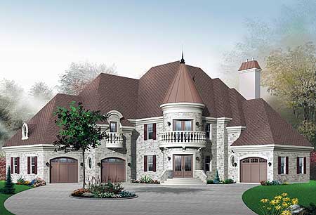 House plan exterior: Two-story stone home with a circular turret, multiple gables, dormers, and a three-car garage.
