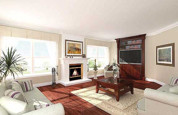 Living room with fireplace, built-in entertainment center with shelves and TV, large windows, and hardwood floors.
