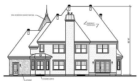 Rear elevation drawing of a house plan showing a stone-clad section, multiple gables, a prominent chimney, and double doors.