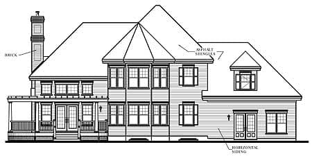 House plan exterior showing a two-story home with horizontal siding, a brick chimney, asphalt shingles, a covered porch, and dormers.