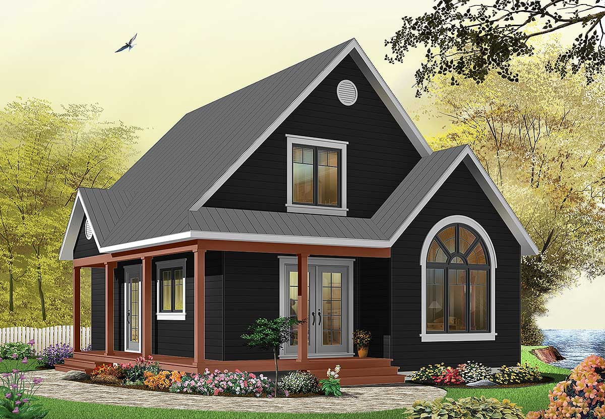 House plan exterior with a wraparound porch, gables, and an arched window.