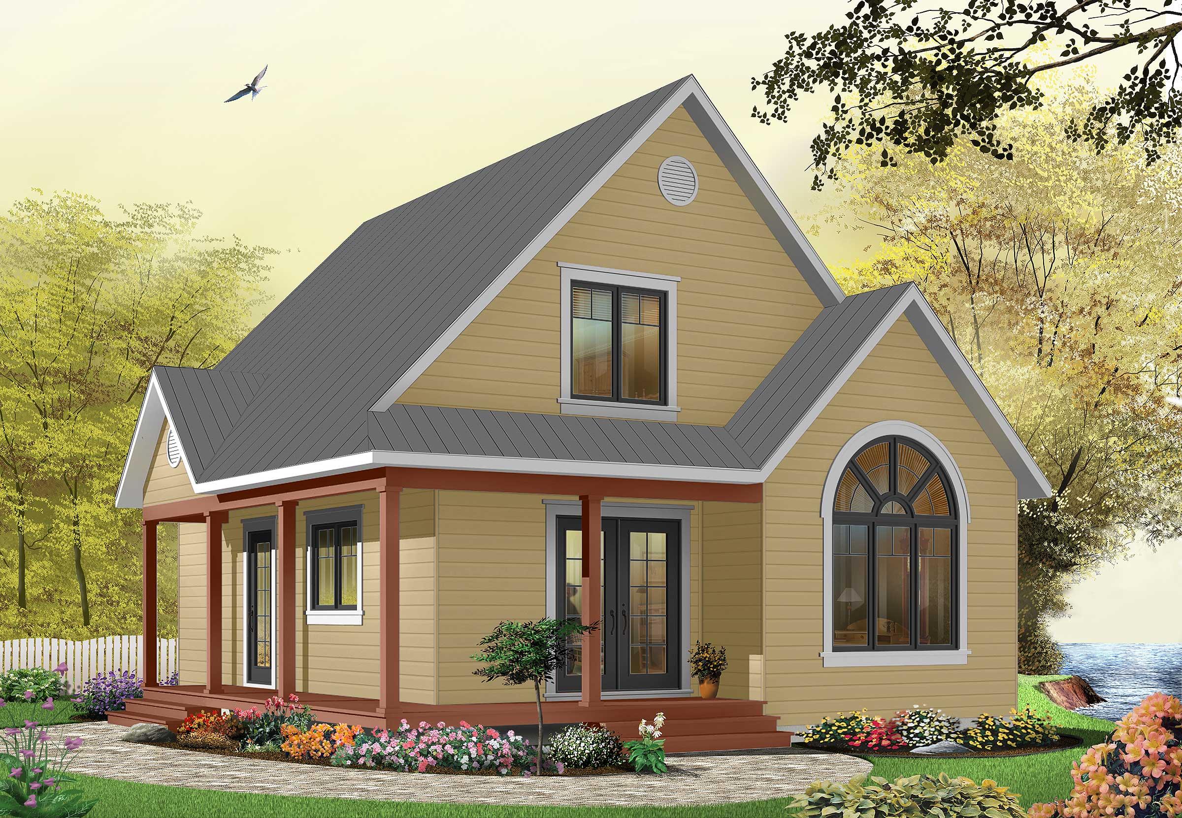 House plan exterior featuring a wrap-around porch, gabled rooflines, and a decorative arched window.