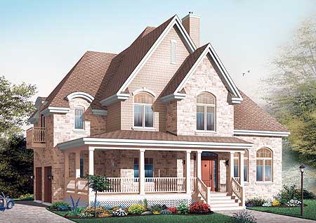 House plan exterior: Two-story home with stone facade, wraparound porch, dormers, gabled rooflines, and arched windows.