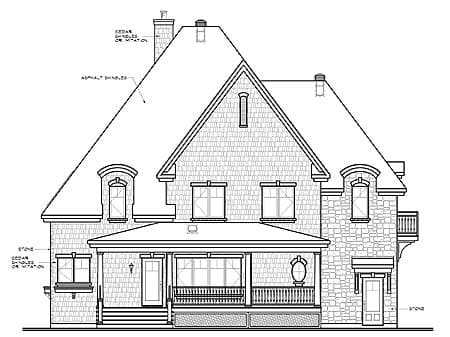 House plan exterior drawing featuring gables, a large covered porch, dormer windows, and stone and shingle siding.