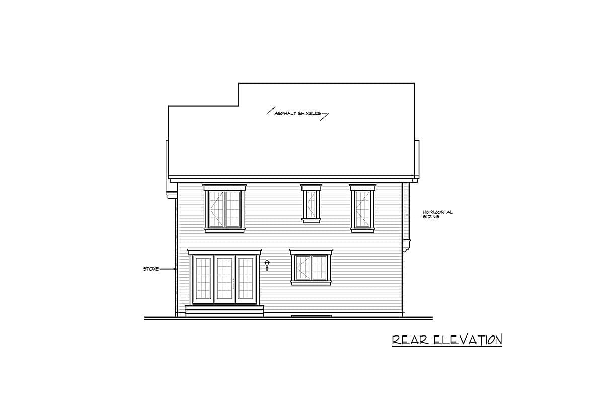 Rear elevation house plan with horizontal siding, asphalt shingles, French doors, and multiple windows.