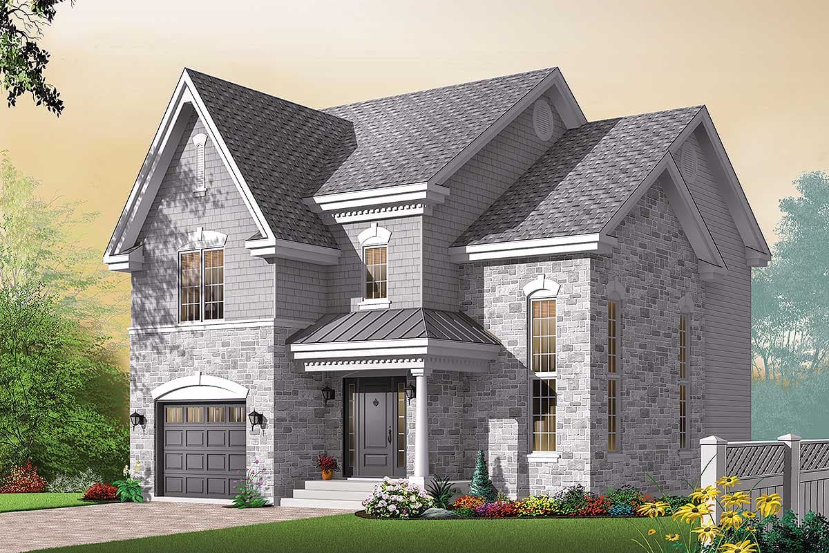House plan exterior: Two-story residence with stone and shingle siding, prominent gables, and attached garage.