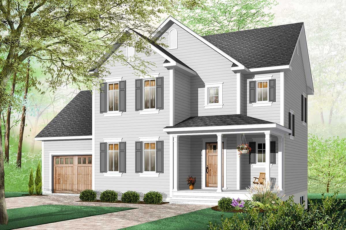 House plan exterior: Two-story home with a covered front porch, gabled dormer, and attached two-car garage with wooden doors.