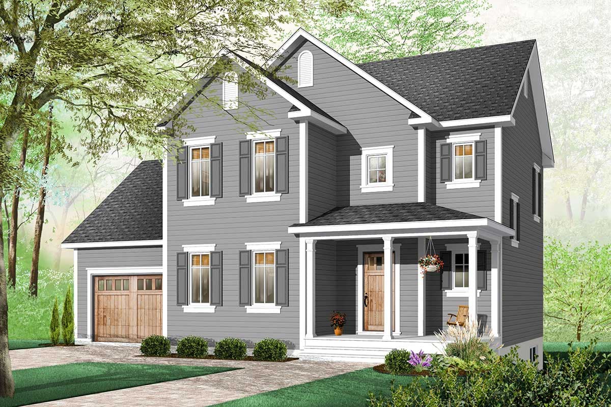 House plan exterior: Two-story home with covered front porch, dormer windows, and attached two-car garage.