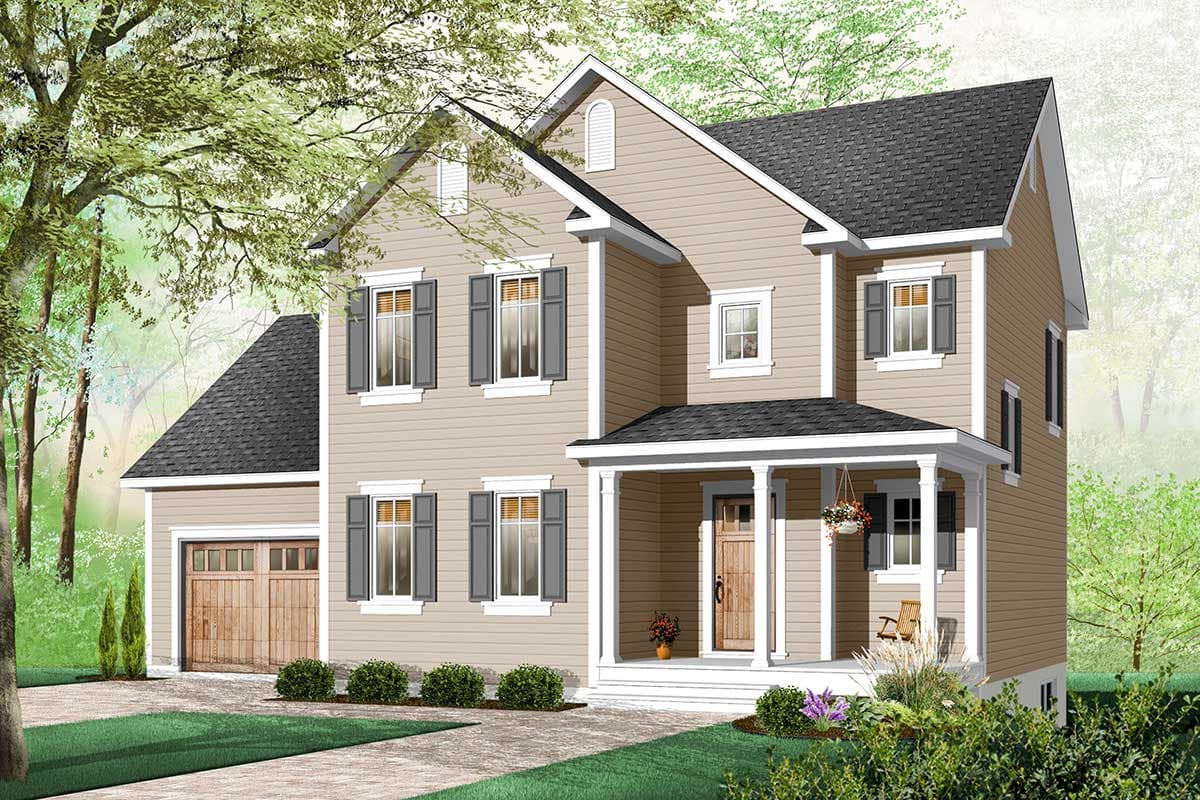 Two-story house plan exterior with a front-facing garage, gable dormer, and covered front porch with columns.