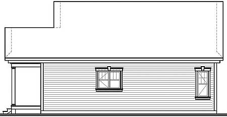 Front elevation drawing of a one-story house plan with a covered porch, two windows, and horizontal siding.