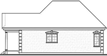 House plan front elevation drawing showing a hip roof, portico with columns, and arched windows.