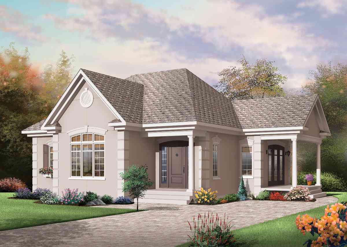 House plan exterior with a prominent gable, arched window, and covered front porch with columns.