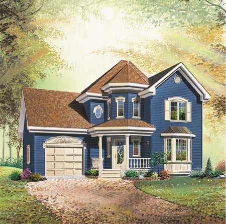 House plan exterior of a two-story blue house with a prominent octagonal turret, covered front porch, bay window, and attached garage.