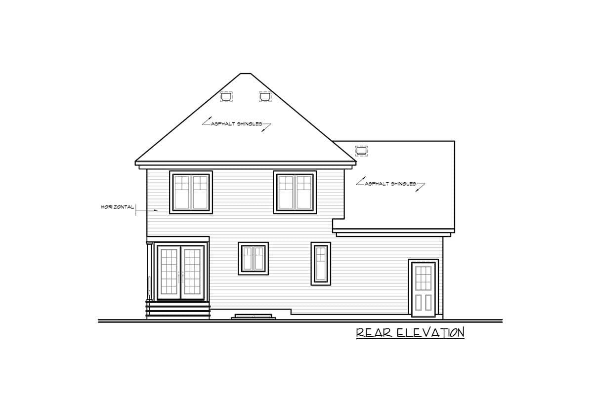 Rear elevation house plan drawing showing a two-story home with horizontal siding, asphalt shingles, double doors, and windows.