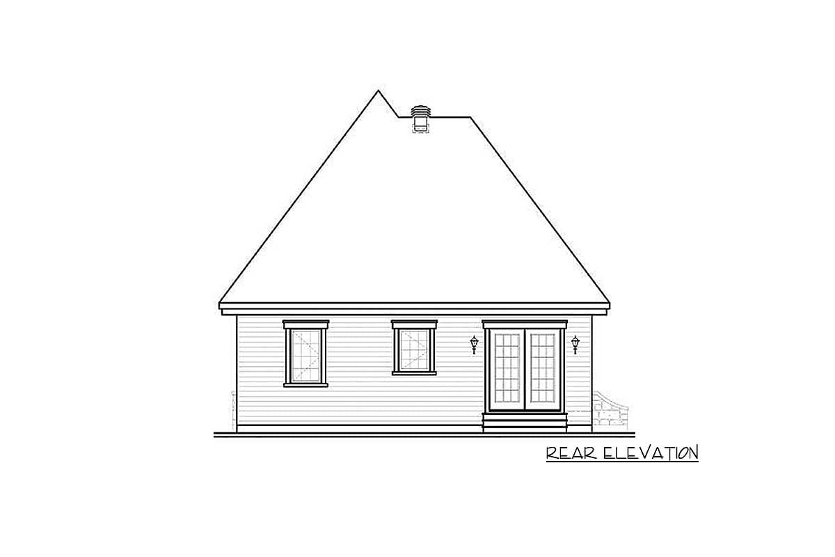 Rear elevation drawing of a house plan with a prominent hipped roof, two windows, and French doors.
