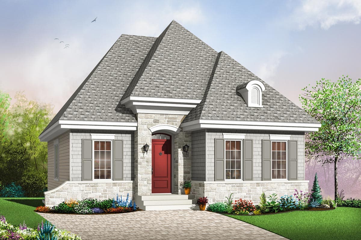 House plan exterior of a one-story home with a steep gabled roof, arched entryway, dormer, and stone and shingle siding.