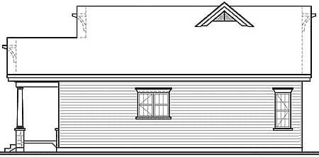 House plan side elevation showing a covered porch, siding, multiple windows, and a gable dormer.