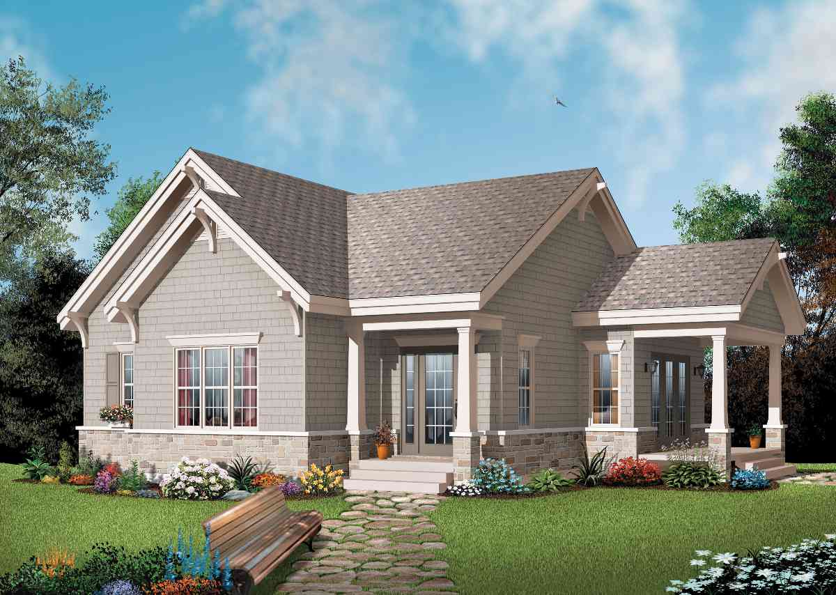 House plan exterior: One-story Craftsman-style home with covered porch, exposed rafter tails, and stone accents.
